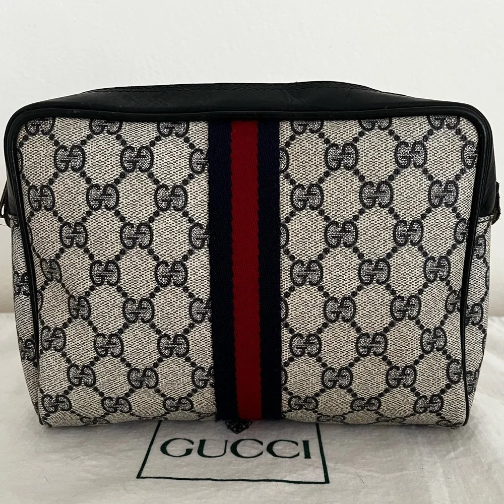 Gucci Blue GG Supreme Sherry Line Clutch Cosmetic Pouch Late1970s-84 Collectible